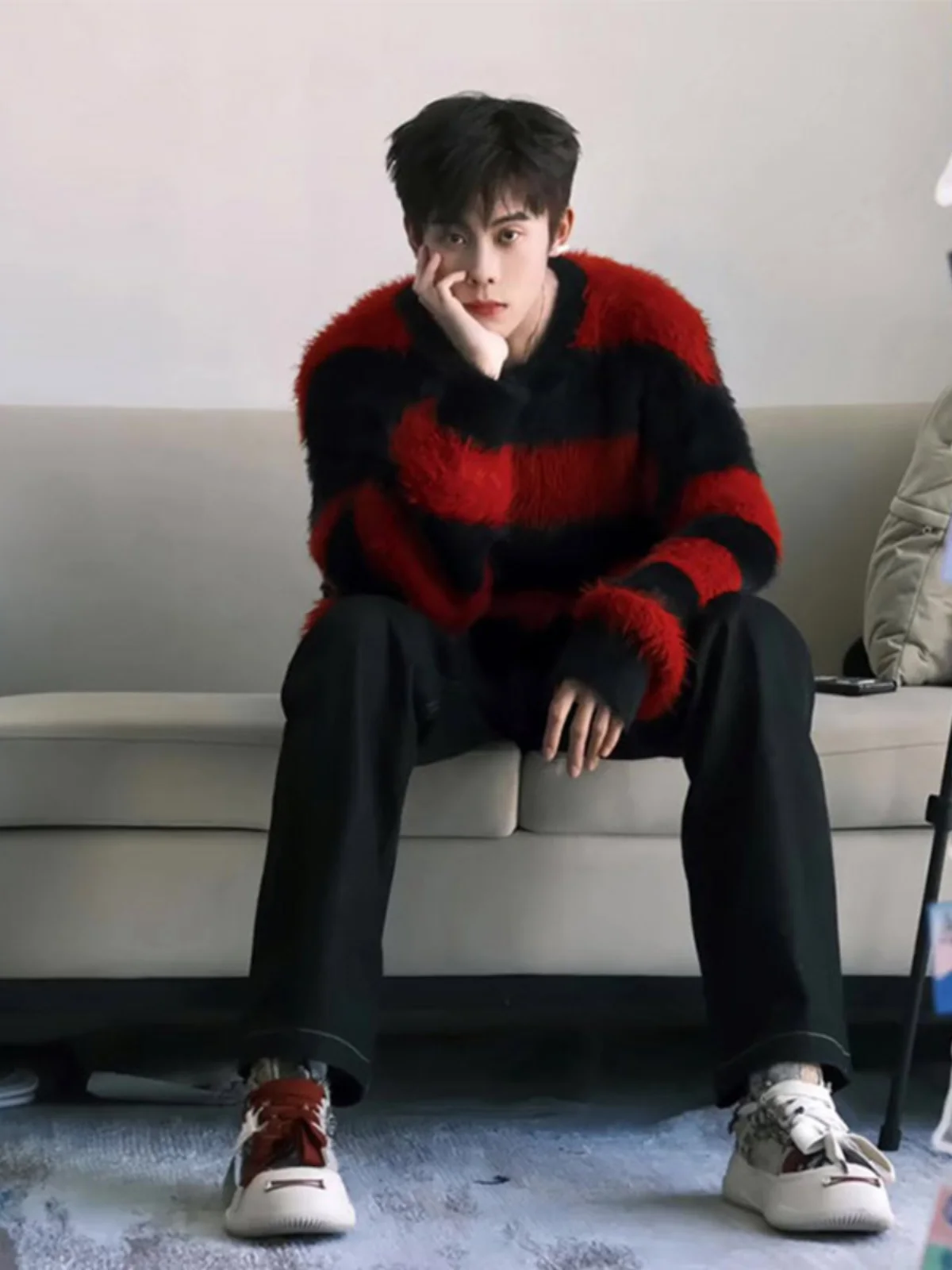 

Red And Bla Striped Color Blo Sea Wool Knitwear Lazy Sle High End Men's Spring Autumn Fake Fur Couple Coats