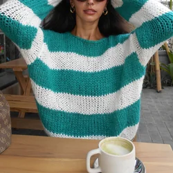 Women Oversized Striped Sweater Color Block Knit Long Sleeve Sweatshirt Loose Pullover Y2K Preppy Jumper Streetwear