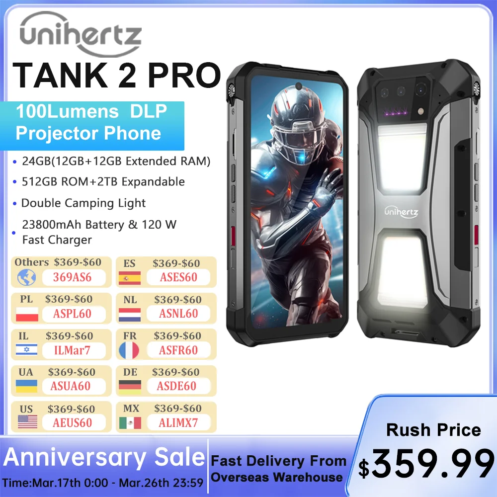 Unihertz Tank 2 PRO 8849 Rugged Smartphone with Projector 2.4K 23800 mAh 24GB+512GB Mobile Phone Android 14 100MP NFC Cell Phone