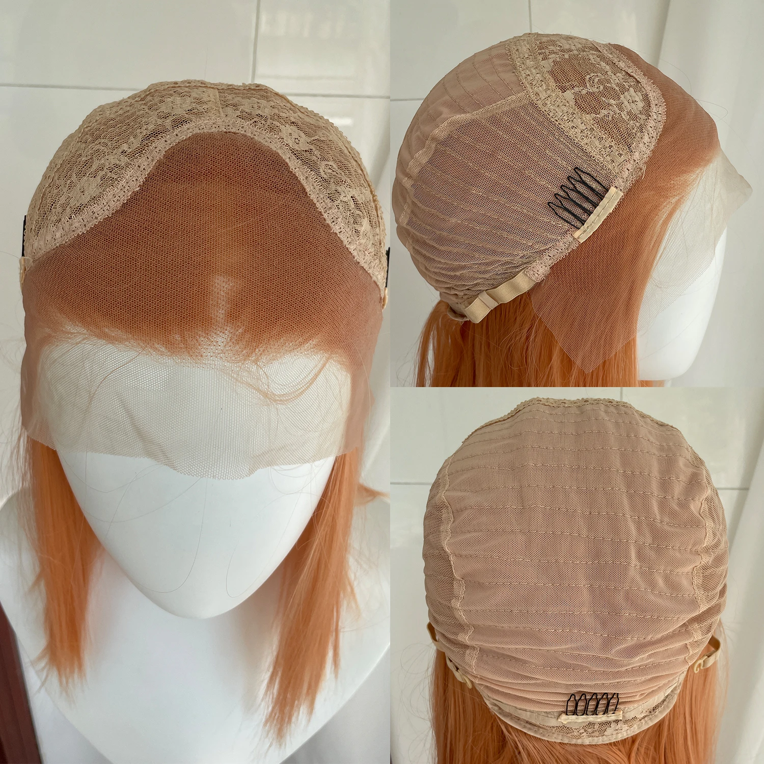 Hellorange schulterlange 13x4 synthetische Lace-Front-Perücken für Damen, mittlerer Teil, kurze gerade Perücken, leimlose Perücken, 150 % Dichte – Detail 5