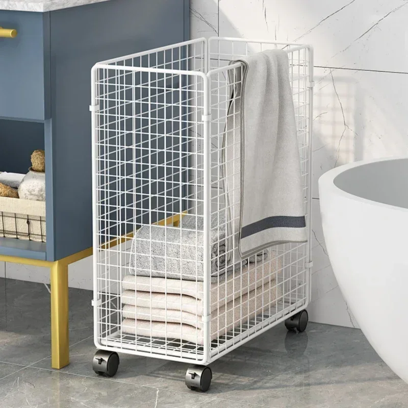 

Cute Foldable Iron Laundry Basket: Home Bathroom with Wheels, Hollow Breathable Design, Yoga Mat Storage Solution