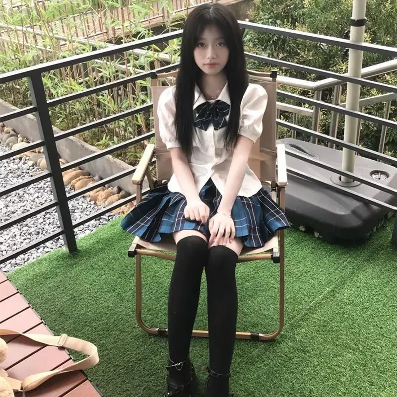 Plus Size Sweet Girl JK Uniform College Style Short Sleeve Waist-Fitted Shirt Bow Pleated Skirt Sissy Cross-dressing COS Uniform