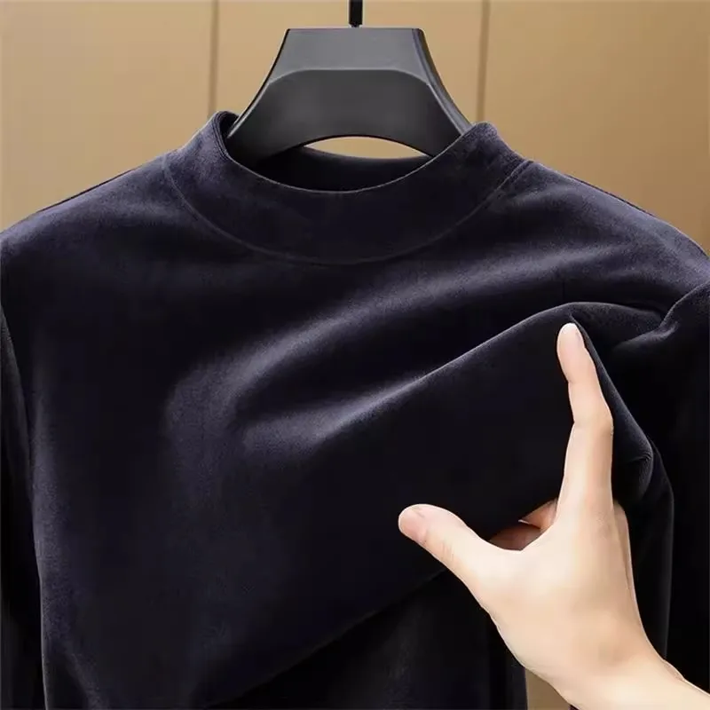 Warm Fleece Half High Collar Long Sleeve T-Shirt Men's Autumn Winter American Casual Workwear Inner Layer Base Shirt