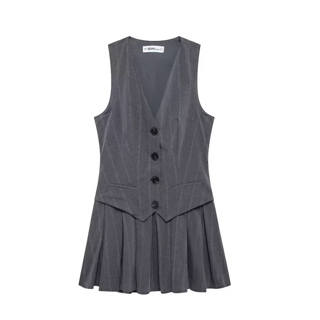 Women's new fashion casual single breasted wide pleated striped vest style mini dress retro V Neck sleeveless women's dress