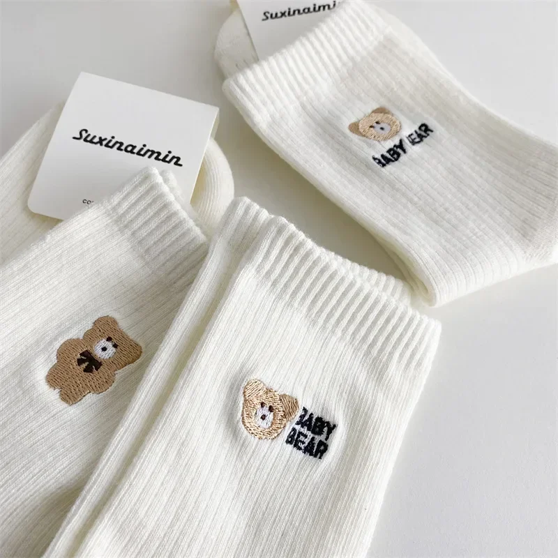 

Cartoon Bears Kawaii Cute Socks Women Embroidery Casual Soft Cotton Breathable Harajuku Long Sock Solid Colors Black White Socks