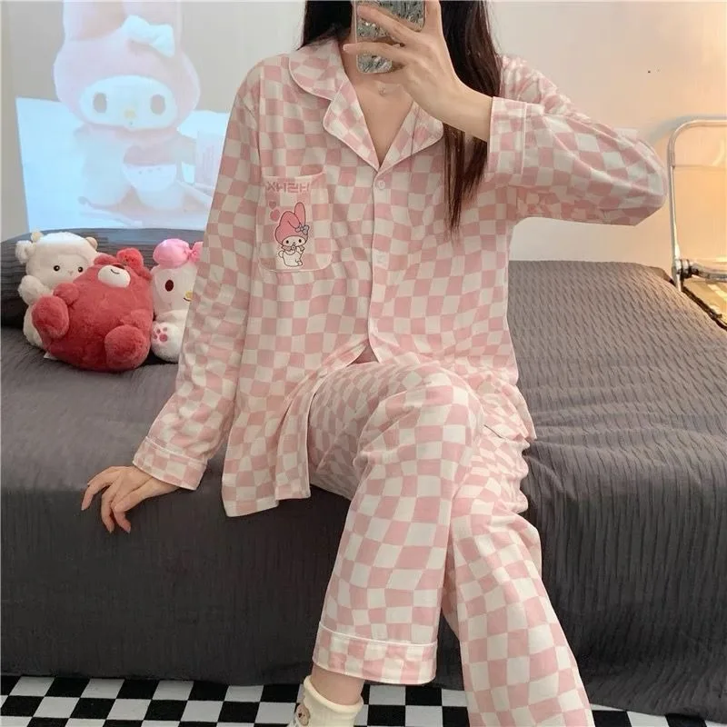 Модные весенне-осенние пижамы для девочек Ins Стиль аниме мультфильм милая моя мелодия шахматная доска с длинными рукавами длинные штаны комплект домашней одежды