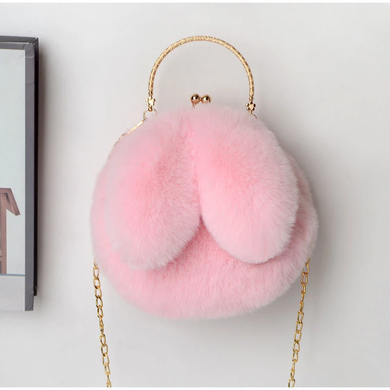 Weiche, flauschige Plüsch-Handtasche mit Henkel, niedliche Umhängetasche mit Hasenohren und Kette, warme Winter-Clutch, leichte Handytasche – Detail 24