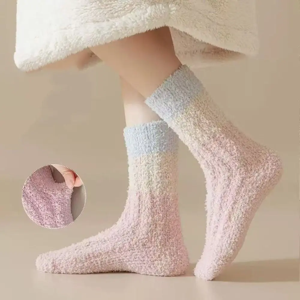 3Pairs Comfortable Thickened Coral Fleece Socks Stripe Sleeping Floor Socks Simple Hosiery Mid Tube Socks Women For Female Men