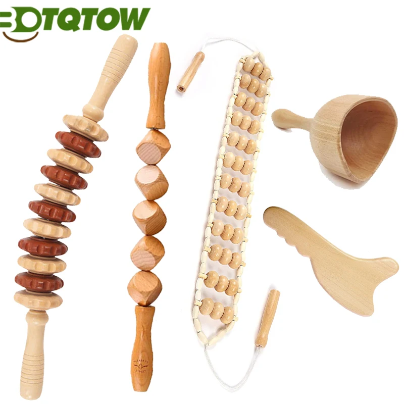 

5PCS Wood Therapy Massage Tool Wood Massager Roller Wooden Fascia MassageKit for Cellulite Muscle Blasting Full Body Muscle Pain