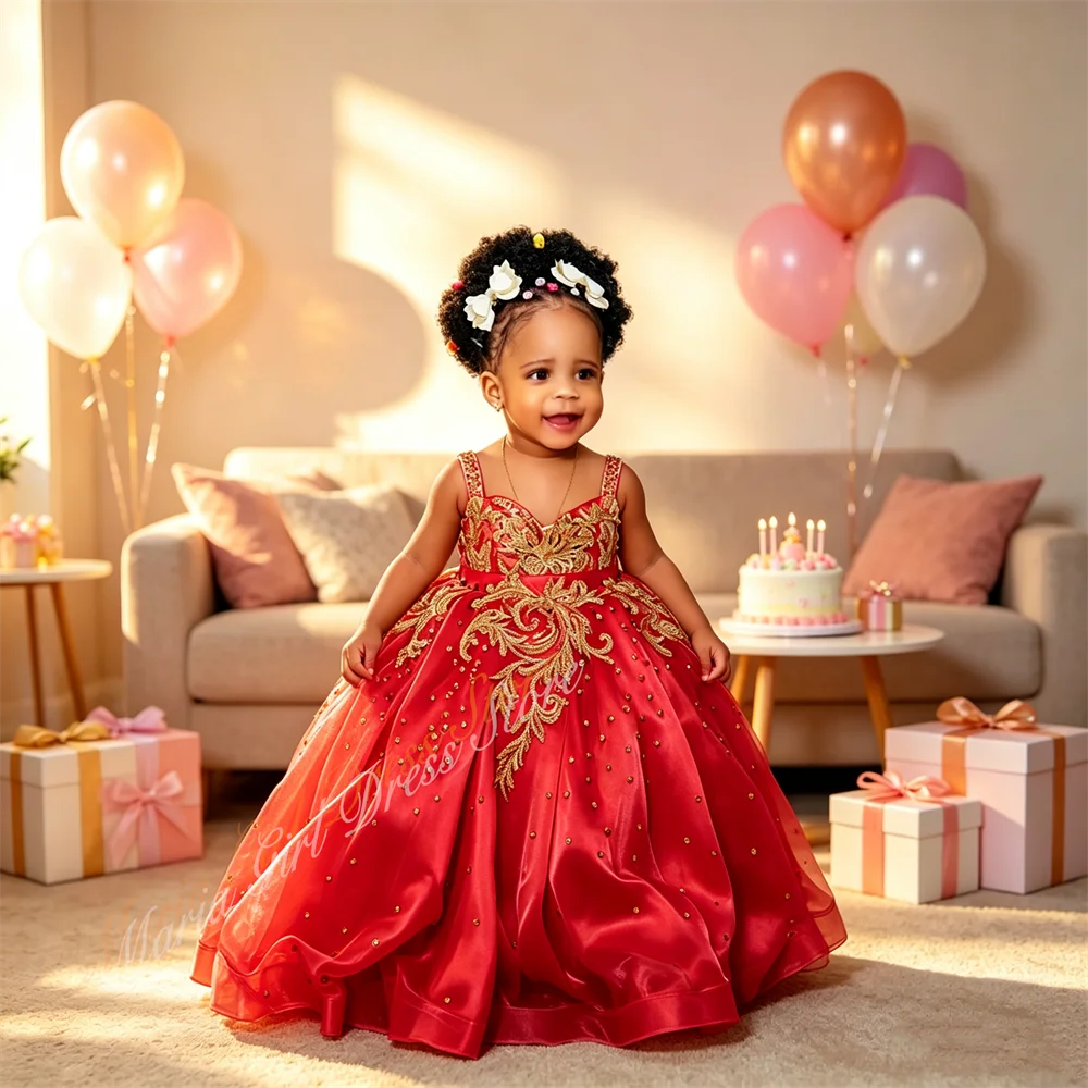 Customized Luxury Girls Birthday Party Dress  Beaded Golden Embroidery Flower Girl Dresses Kids Pageant Prom