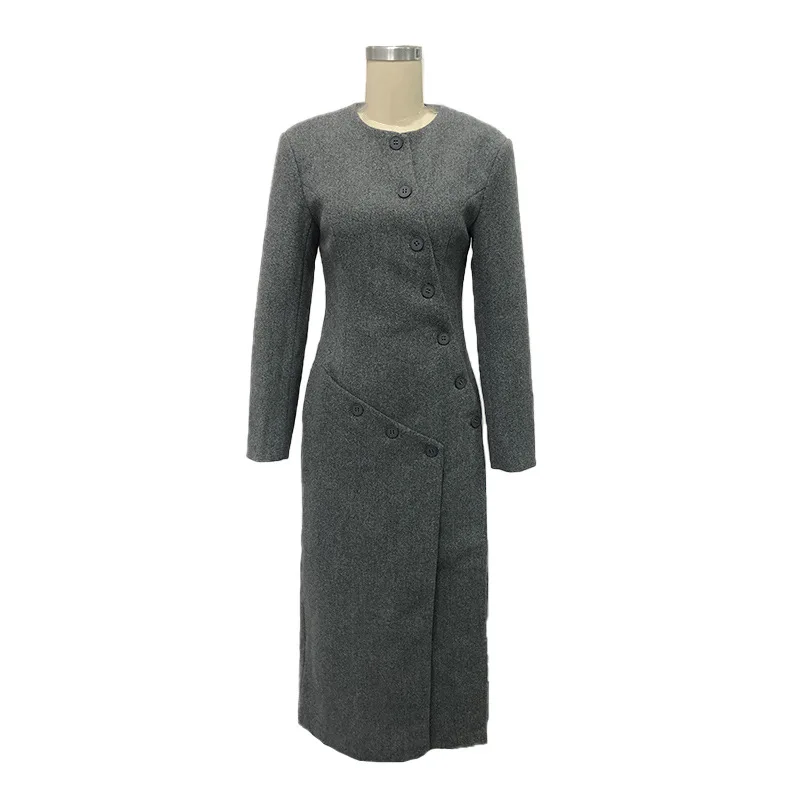 เสื้อโค้ทขนสัตว์ทรงยาวแบบไม่สมมาตร สไตล์เกาหลี สำหรับผู้หญิง แฟชั่นฤดูใบไม้ร่วงและฤดูหนาว คอทรงโอ ดีไซน์ทันสมัย