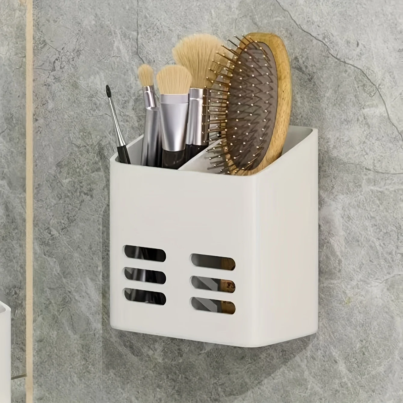 Wall-Mounted Plastic Organizer with Compartments for Pens, Makeup Brushes, Stationery, and Tools - Home Office Storage Solution