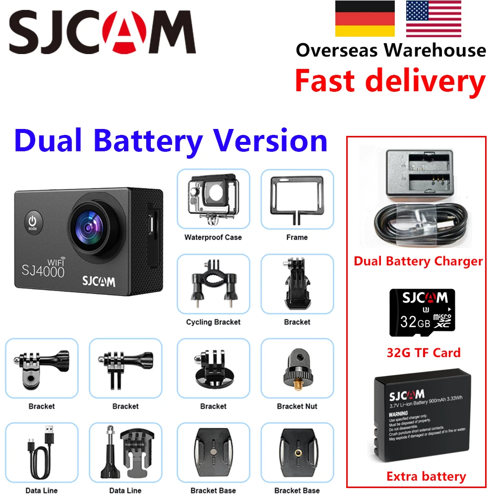 SJCAM SJ4000 Wifi 4K Action Camera Underwater Cam Long Battery Life Combo With 32gTF Card Dual Battery Charger Extra Battery
