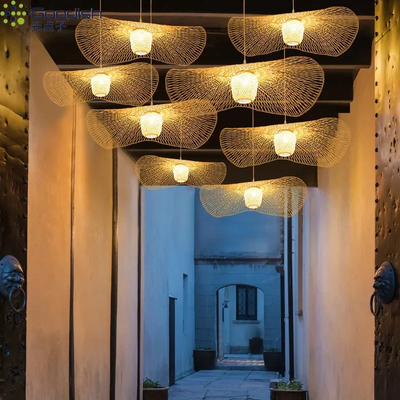 اليابانية وابي سابي قلادة LED أضواء الخيزران الروطان بريق تعليق مصابيح لغرفة المعيشة الطعام غرفة نوم المنزل ثريا تزيين
