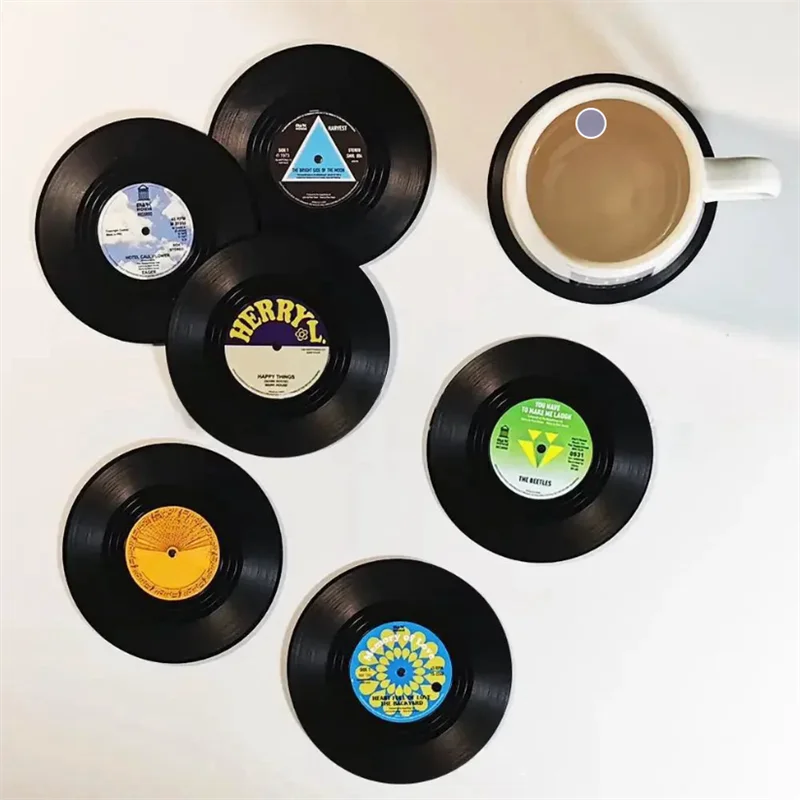 Creative Music Coasters with Vinyl Record Player Holder Set of 6 Vinyl Coasters for Drinks Retro Record Disk Coaster Mug Pad Mat