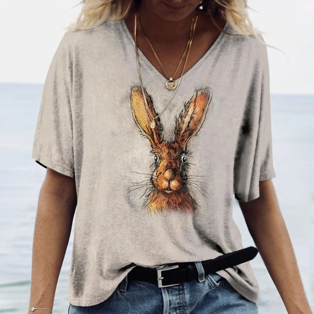 Women's T Shirt For Summer Animal Print Casual Short Sleeve Rabbit T-Shirts Female V-Neck Oversized Clothing Fashion Pullover