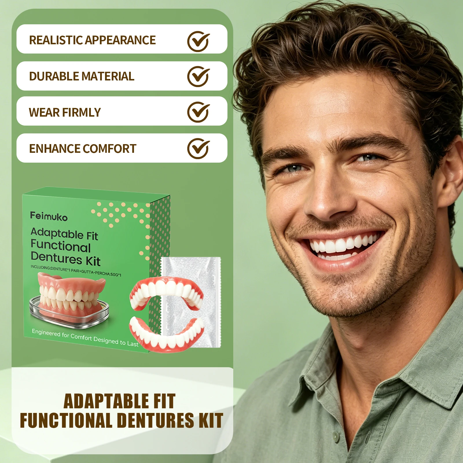 Adaptable Fit Functional Durable Denture Kit Upper Lower Cosmetic Realistic Color DIY Oral Care Comfort Fake Teeth Veneers Set