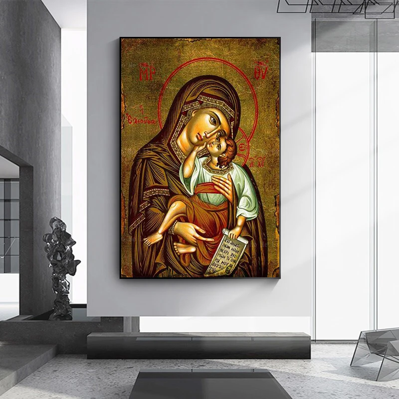 The Therapist Virgin Mary And Jesus Ikon Panagia Mother Of God Byzantine Orthodox Religious Canvas Wall Art For Livingroom De