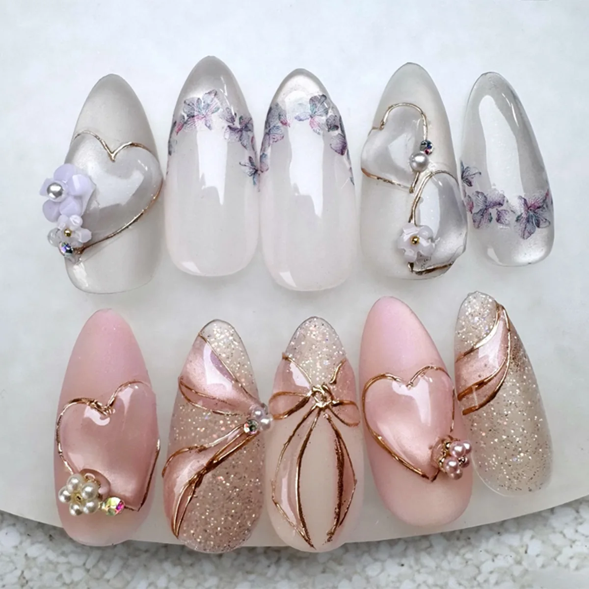 

24pcs 3D Floral Press-On Nails - Heart Bow Design with Pearl Accents & Glitter Medium Almond False Nails