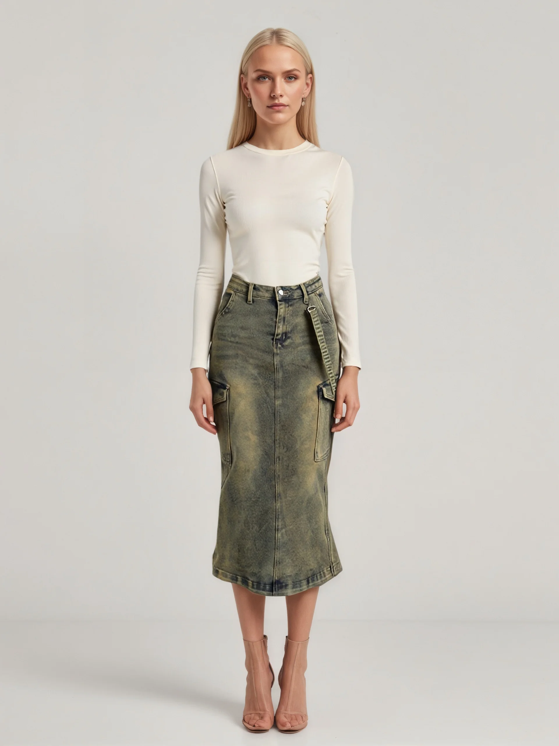 Vintage Washed Denim Cargo Midi Skirt for Women High Waist Straight Fit Streetwear Utility Pocket Skirt Casual Fashion Bottom