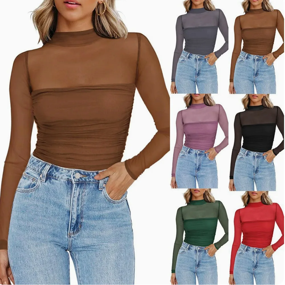 Women Half-High Neck Tees Mesh Transparent Patchwork Long Sleeve Turtleneck Slim T-shirt Office Lady Outfits Pullover Tops