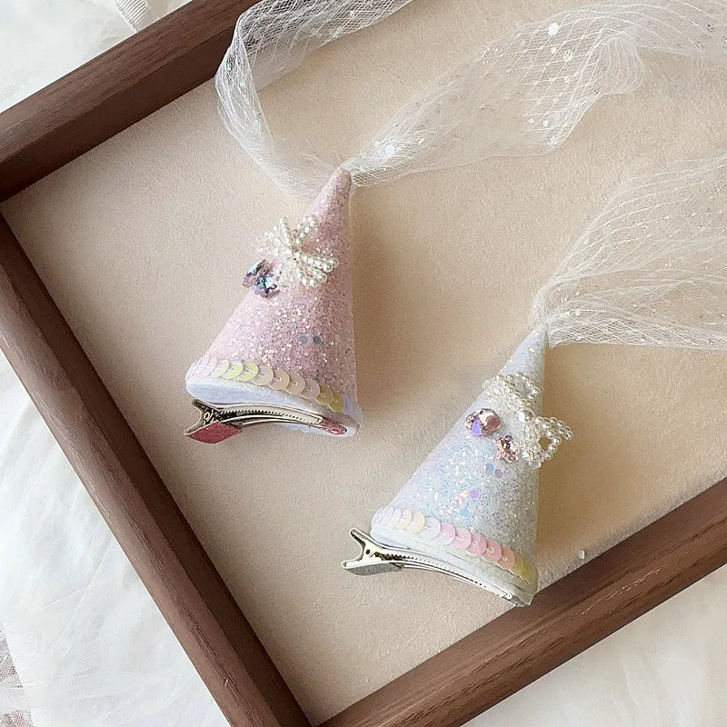 Hair Clips Princess New Rhinestone Tulle Birthday Party Hat Feather Faux Pearl Tassel Press Clip Kids Edge Clip Hair Accessories