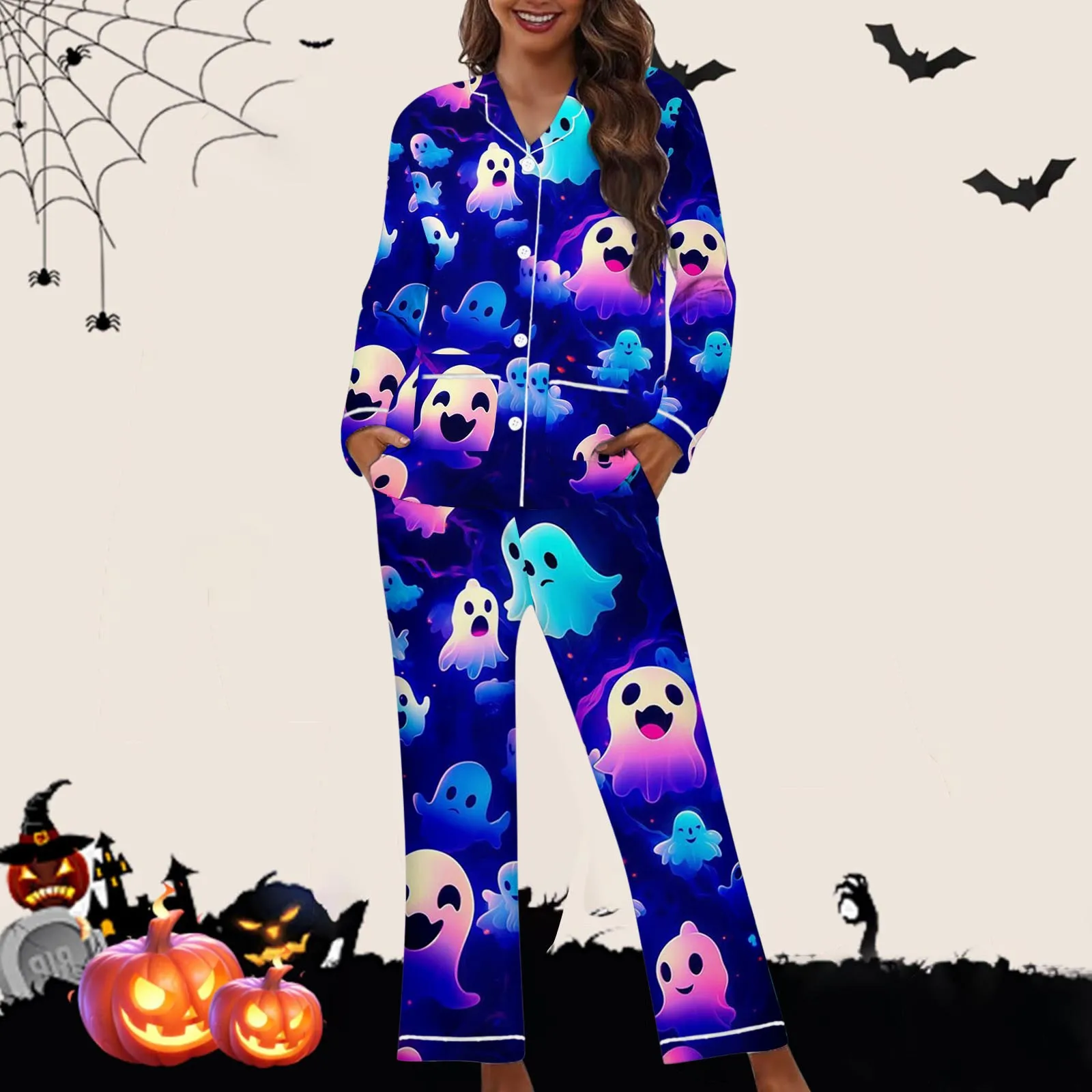 Womens Halloween Pajamas Long Pants Sleepwear Sets Soft Comfortable Breathable Night Wear Ice Silk Smooth Skeleton Print Pyjamas