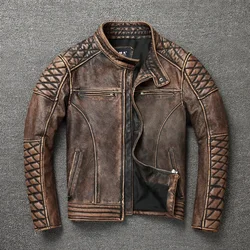 NEW Men's Vintage Motorcycle Jacket Stand Collar Natural Cowhide Jacket Classic Top Layer Cowhide Moto Suit Biker Clothing