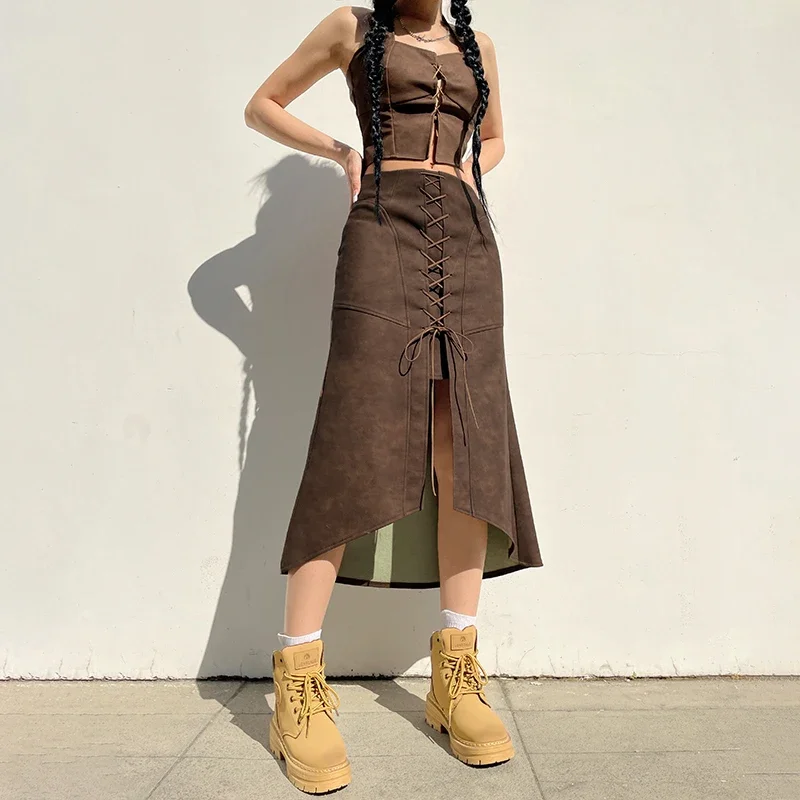 

Pu Leather Vintage Skirt Women High Waist Bandage American Retro Split Long Skirts Casual Zipper Stitch Irregular Faldas