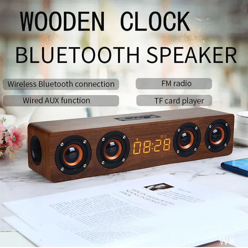 Wooden Bluetooth Speaker Box Wireless Subwoofer HiFi Stereo TV Soundbar Outdoor Card U Disk Phone Audio LED Clock Home Soundbox