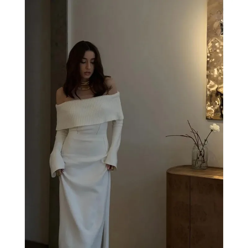 السيدات تريكو فستان ماكسي موضة متماسكة فستان طويل خارج الكتف الإناث مضلع فضفاض عالية الخصر أنيقة الخريف فستان الحفلات #4