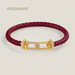 MOONLIGHT Classic Design U-Shape Zircon Bracelet for Women Genuine Braided Leather Charm Bracelet Female Jewelry Gifts 8 Colors