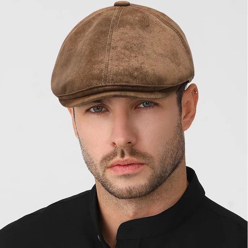 55-60 cm winter warm heren echt zacht leer klimop baret krantenverkoper Gatsby Golf Cabbie platte pet hoeden met zwart, kaki, bruine kleur