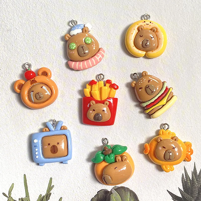 Breloques en résine Capybara paresseux lumineux, gâteau de poisson de dessin animé Kawaii, hamburger, frites, pendentif, accessoire, boucle d'oreille bricolage, fabrication de bijoux, 10 pièces