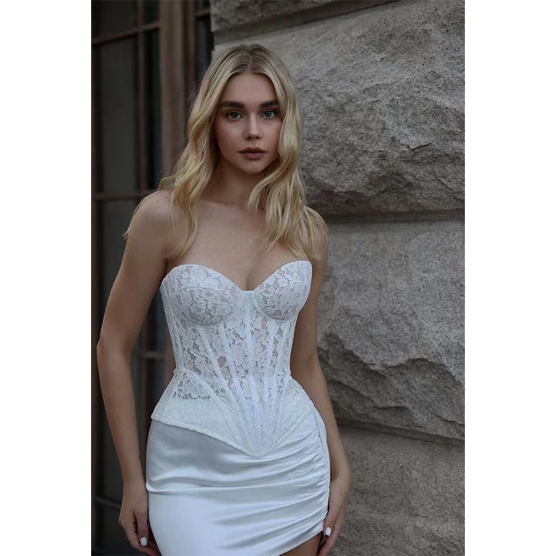 Steel Bone White Lace Corset V-Neck Top Sexy Sheer Bustier Tops for Women Pure Color Corset Waist Shapewear Lingerie Overbust