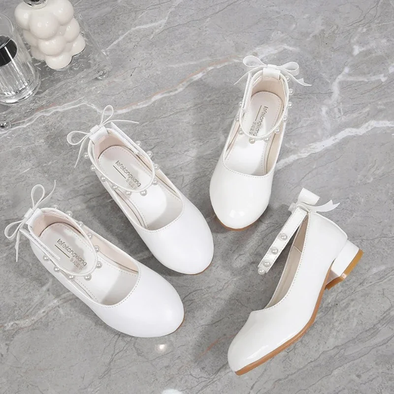 

Cute Kids' Girls' Princess Leather Shoes Pearl Bow Soft Non-Slip Sole Fashion High Heels Shows Dance Performances kid's shoes
