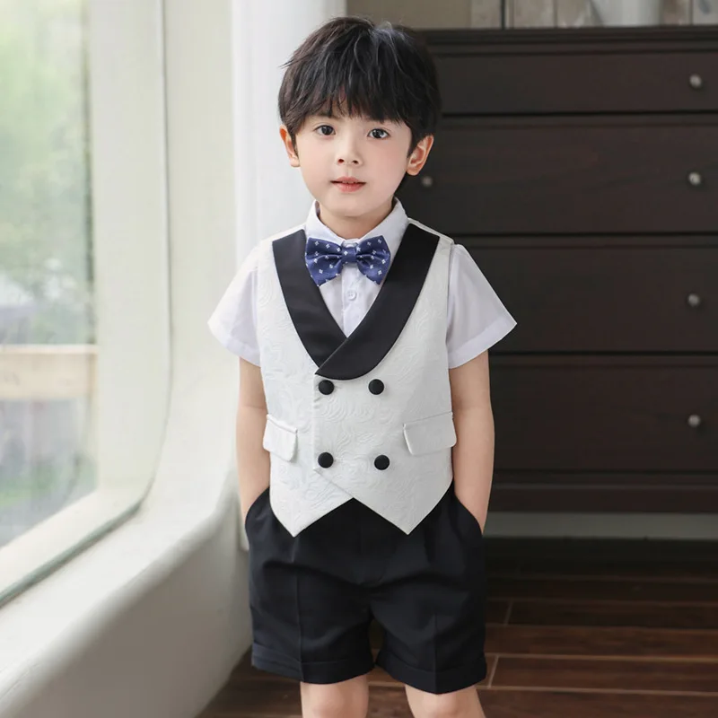 Prince Boys traje de fotografía blanco suave y transpirable para niños, chaleco, camisa, pantalones cortos, pajarita, disfraz de cumpleaños, vestido de fiesta de boda para niños