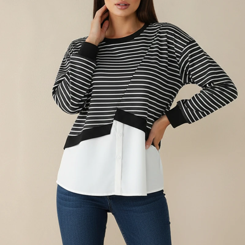 ZANZEA Damskie Bluzy w Paski z Asymetrycznym Szyciem, Wiosna 2026, Casualowe Bluzy z Okrągłym Dekoltem i Długim Rękawem, Rozmiary S-3XL