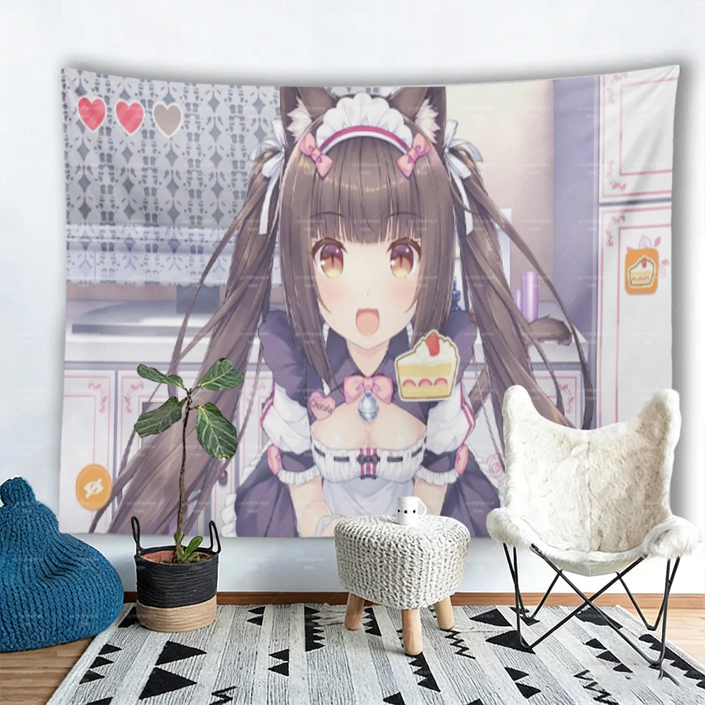 Anime Cat Girl Maid Tapestry, Kawaii Nekomimi Cake Wall Hanging Tapestry for Bedroom Dorm Decor, Anime Lover Gift