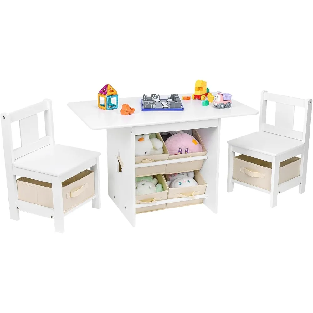 Kids Table and Chair Set (2 Chairs Included), Wooden Toddler Table and Chairs Set with 6 Storage Bins Boxes,Water Resistant