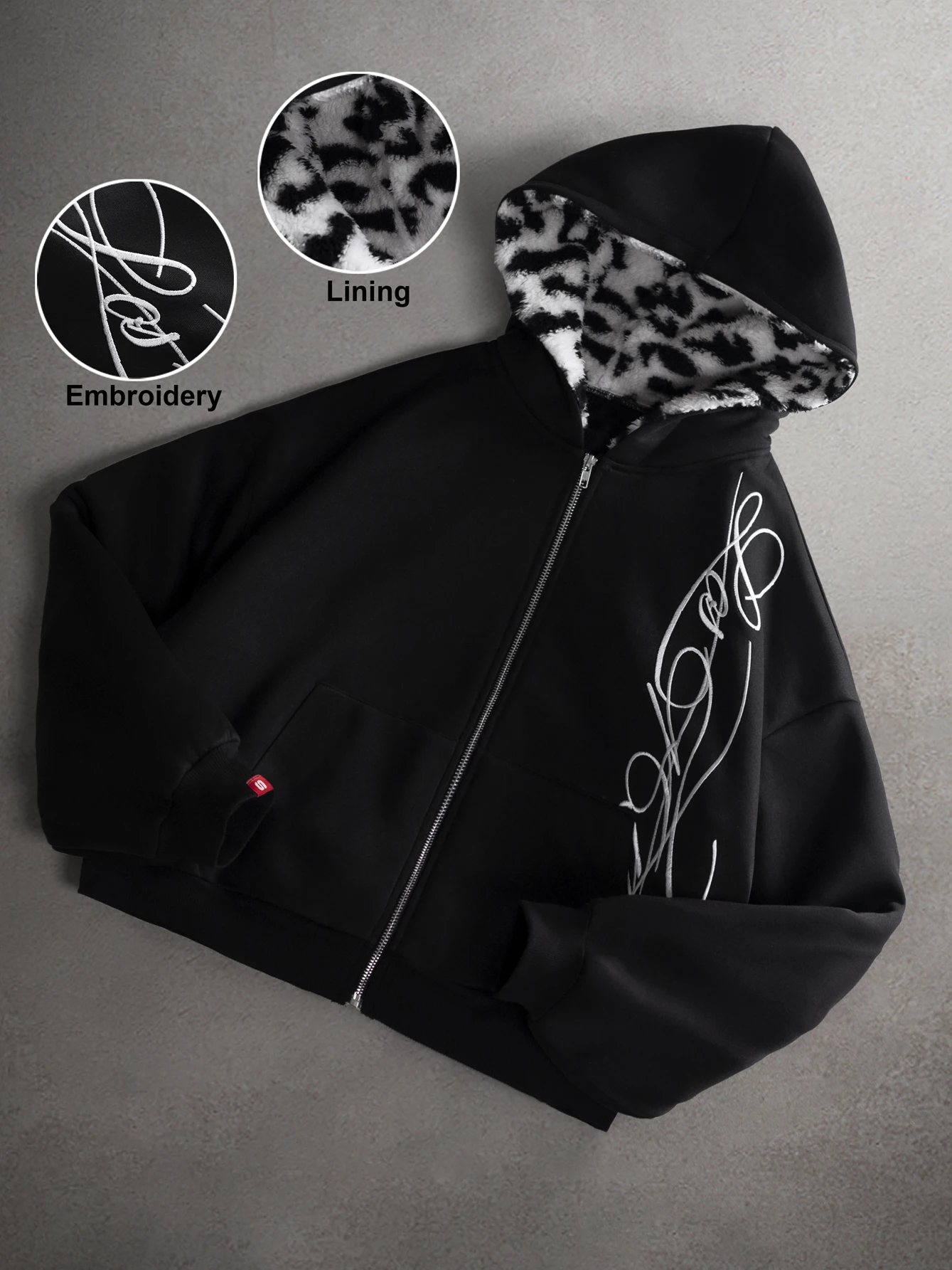 Men's Zip Up Hoodie, Leopard Print Only In Hood Lining, Abstract Embroidery Cropped Streetwear Sweat Jacket S-2XL