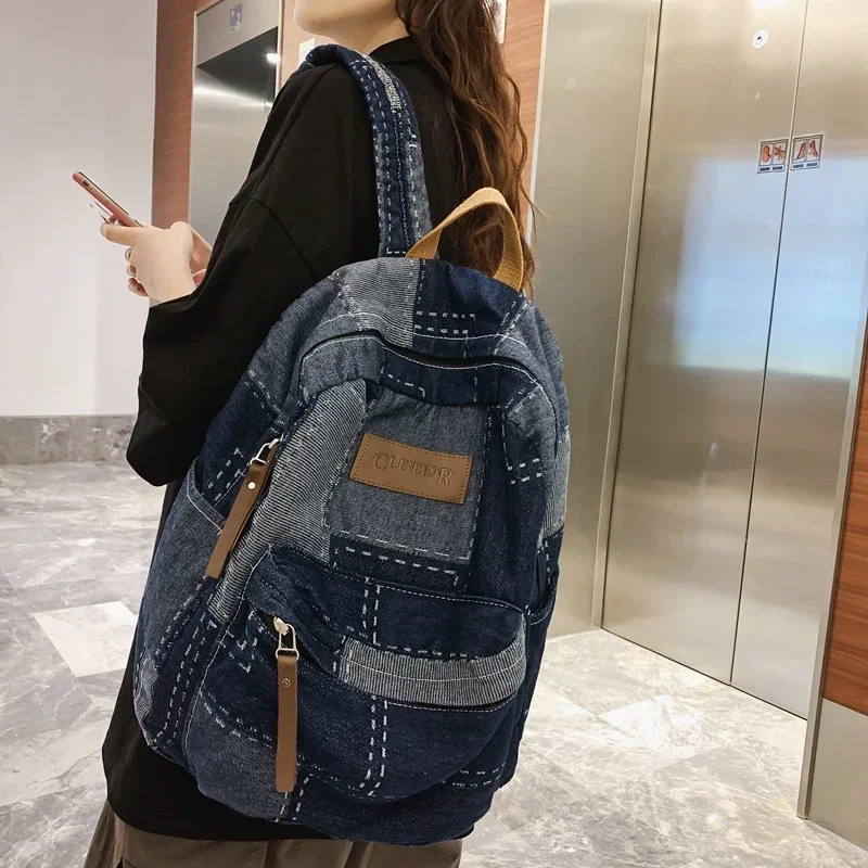 Trendy Cool Patch Women Backpack Washed Denim College Backpacks Men Female Laptop School Bags Large Capacity Travel Shoulder Bag