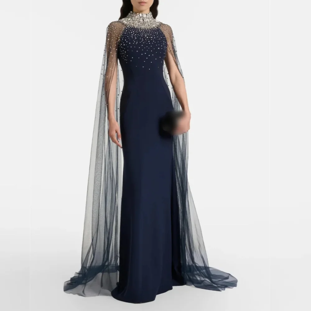 فستان سهرة فاخر مخصص بحجر الراين بياقة عالية بدون أكمام فساتين طويلة على شكل بوق مناسبة حسب الطلب فستان المشاهير للحفلات