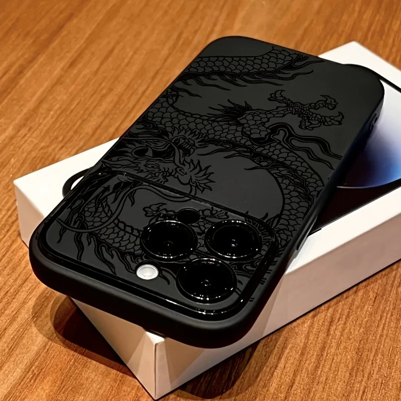 Czarny, praktyczny pokrowiec na telefon z motywem liniowego smoka, pasujący do modeli iPhone 11, 12, 13, 14, 15, 16, 17, Air, 18, Pro Max, XR, X, Plus. Silikonowe etui w stylu INS. — 2