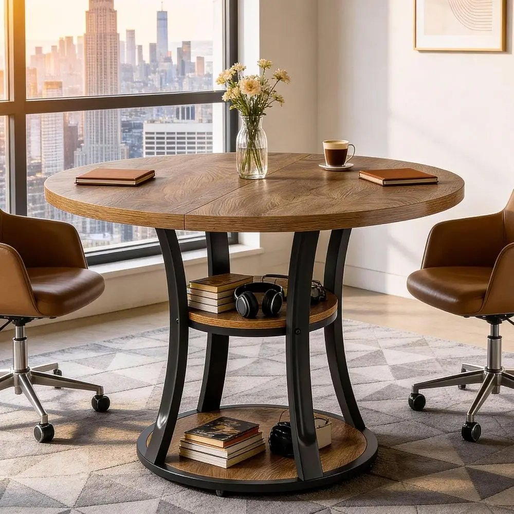 

39 Round Small Meeting Table with 2-Tier Storage and Metal Base for Office, Conference Room, and Compact Spaces in Rustic Brown