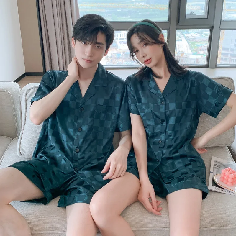 Short-sleeved Shorts Ice Silk Pajamas Men and Silk Satin Pajamas Set Long Sleeved Sleep Women Sleepwear Pijamas Couple Pajamas