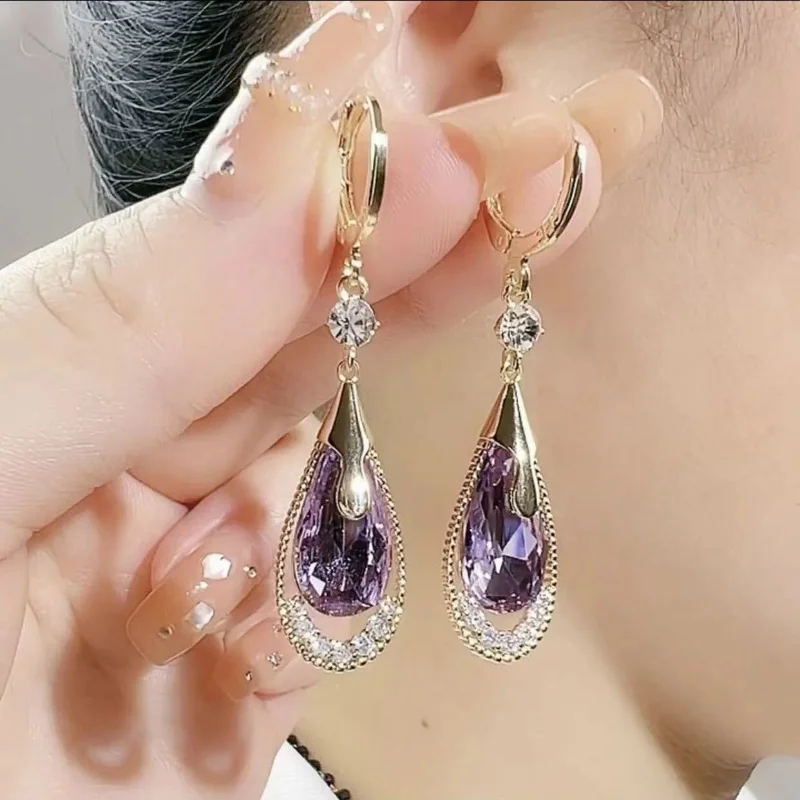 2023 New Women's Accessories Purple Crystal Zircon Earrings Women's Wedding Party Anniversary Gift Jewelry Earrings