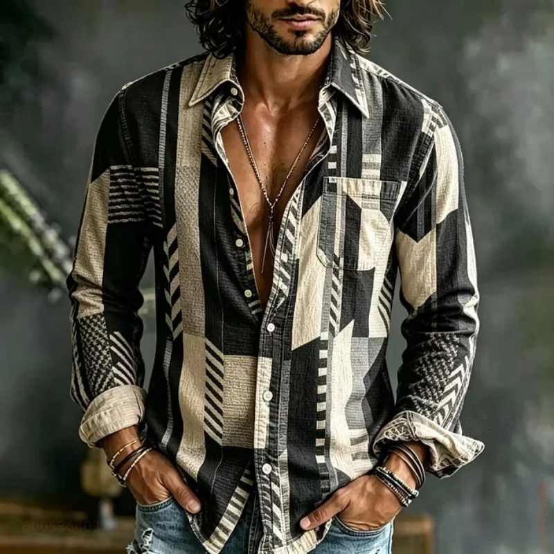 Men's long sleeved shirt with geometric stitching and full print top, versatile casual shirt for daily commuting and travel