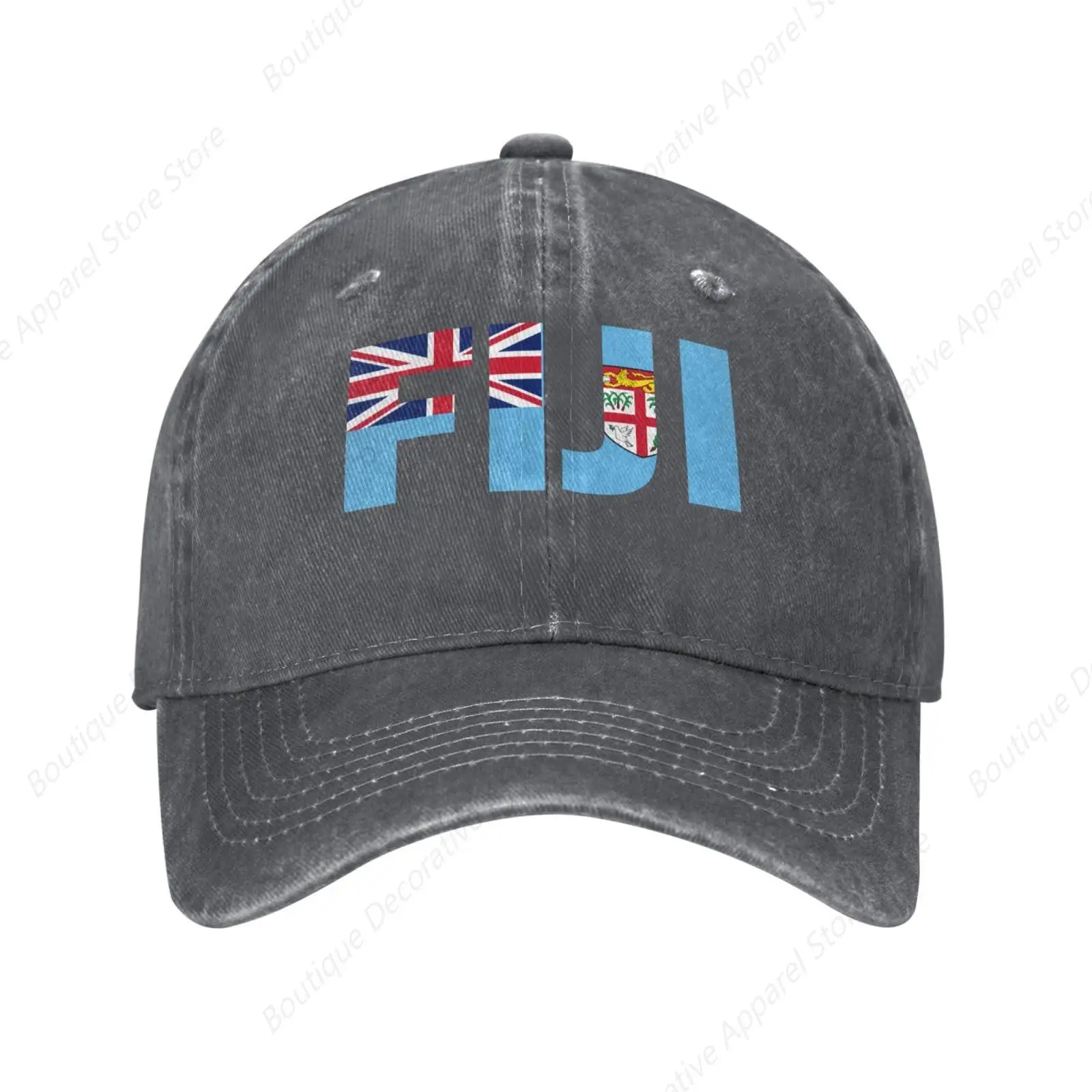 Fiji Flag Fijian Text Word Art Stylish Washed Denim Baseball Cap - Adjustable Unisex Dad Hat Deep Heather