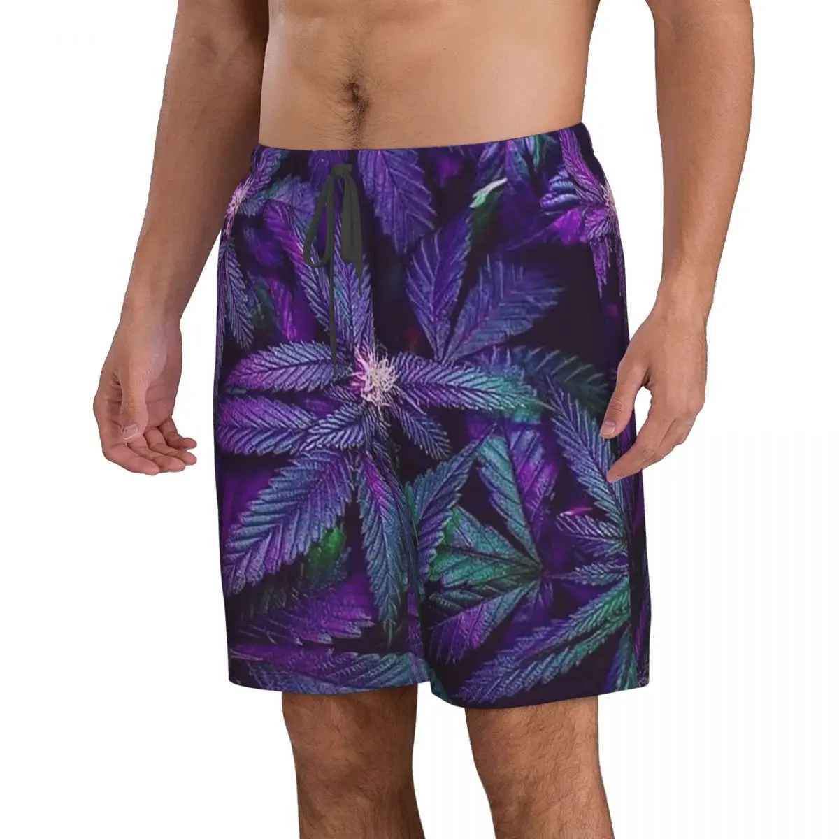 Psychedelic Purple Cannabis Marijuana Weed Pot Leaves Trunks Beach Board Shorts Casual Quick Dry Swim Summer Men Pants view 3